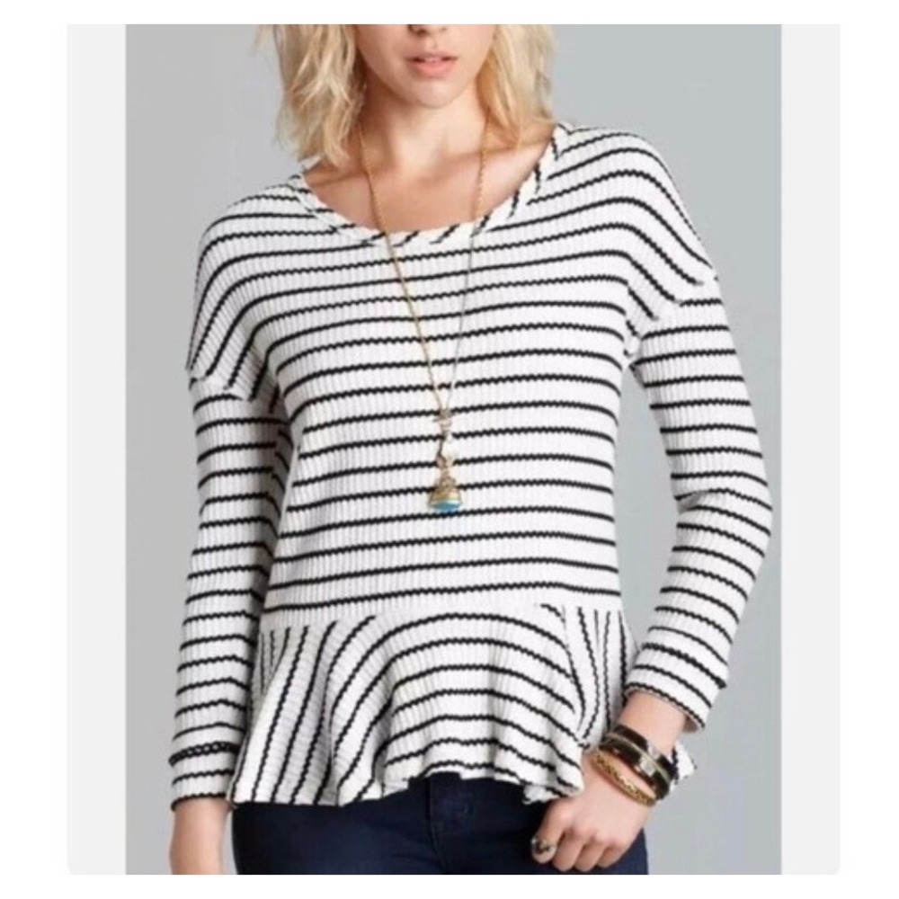 Free People We The Free Auntie Em Peplum Top Size Medium Black White Stripe